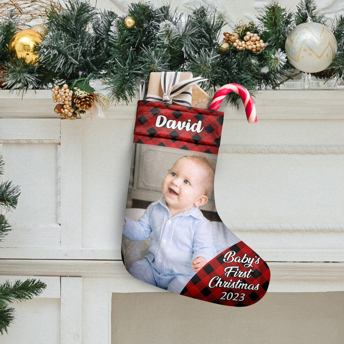 Custom Photo Plaid New Baby My First Christmas - Christmas Gift - Personalized Christmas Stocking