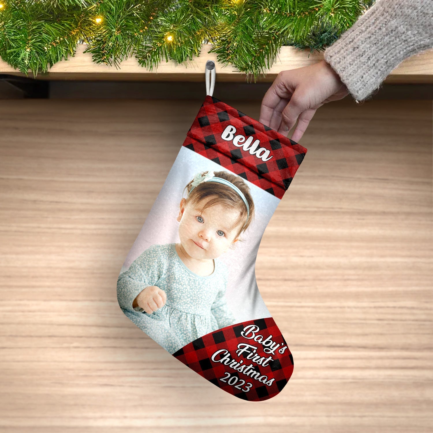 Custom Photo Plaid New Baby My First Christmas - Christmas Gift - Personalized Christmas Stocking