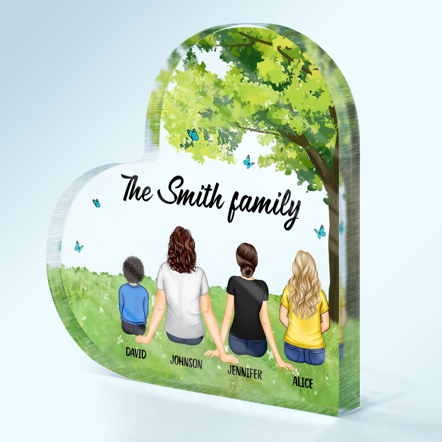 Back Family Sitting Together - Gift For Family - Personalized Heart Shaped Acrylic Plaque