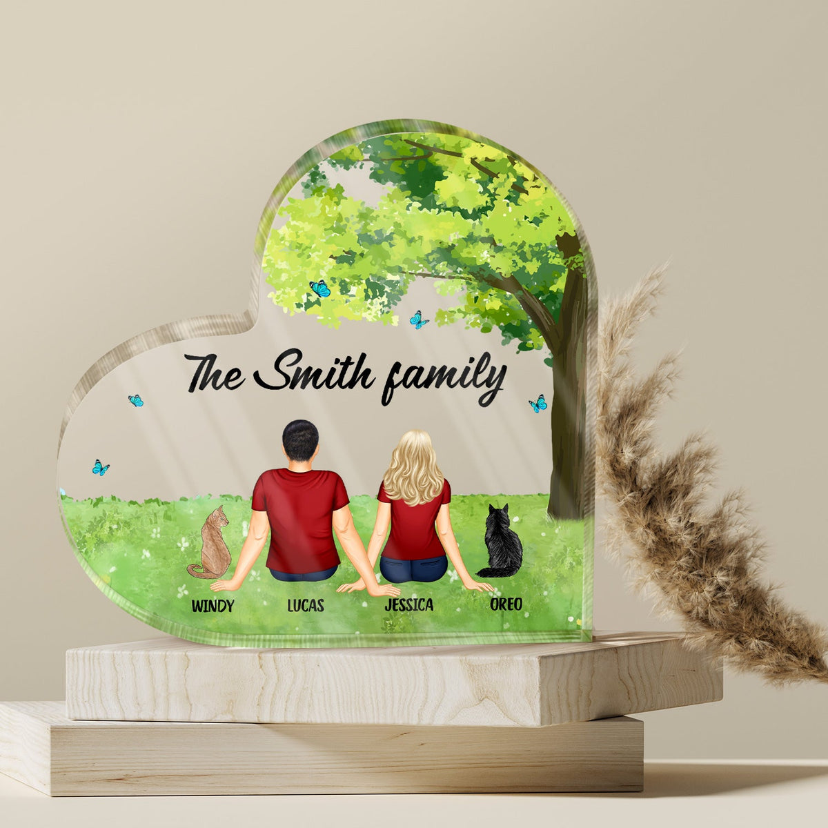 Back Family Sitting Together - Gift For Family - Personalized Heart Shaped Acrylic Plaque