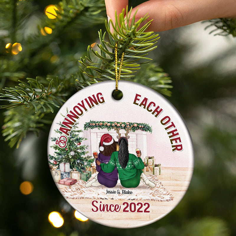 Christmas Family Couple Together Since Pink - Personalized Custom Circle Ceramic Ornament