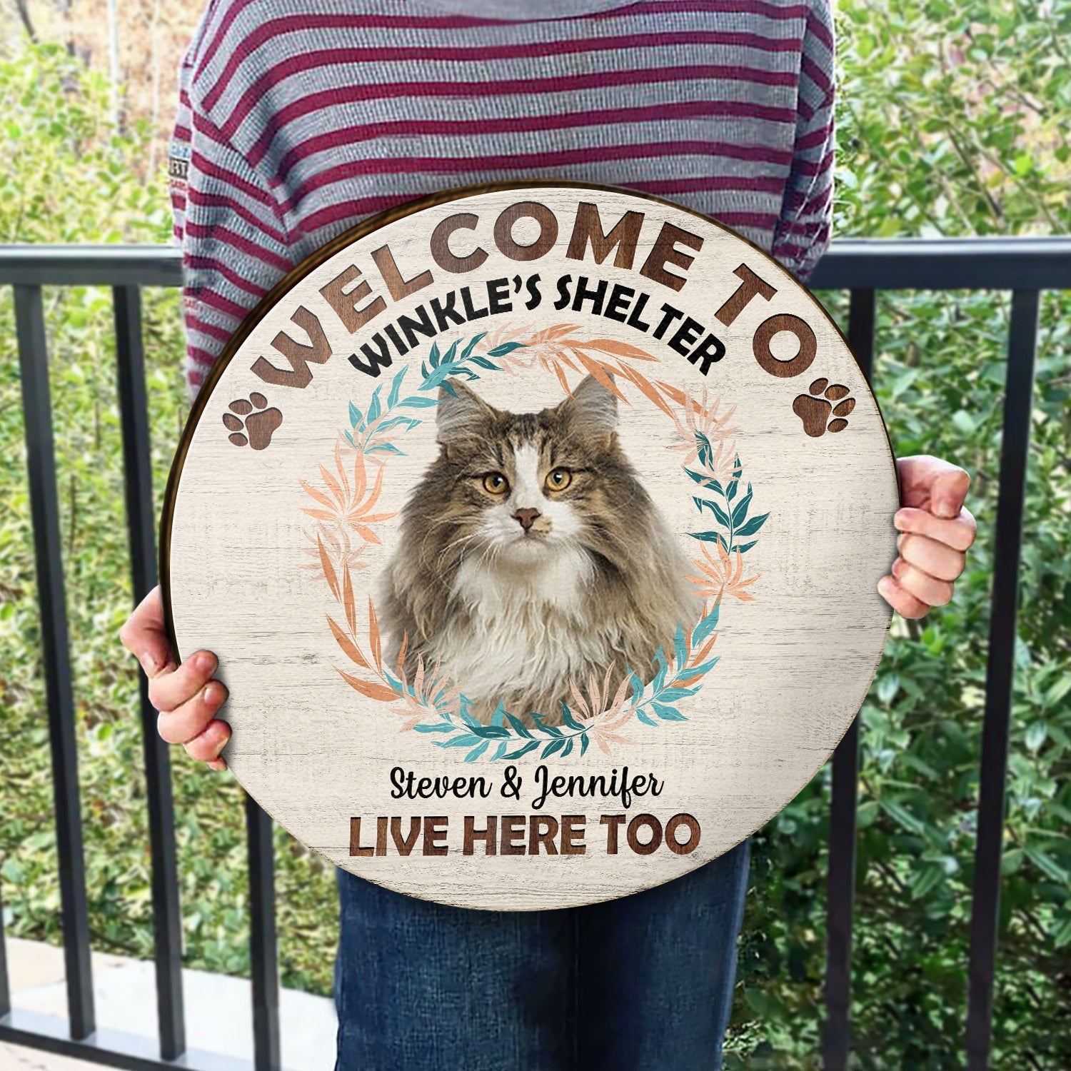 Custom Photo Welcome To My House - Gift For Pet Lovers - Personalized Wood Circle Sign