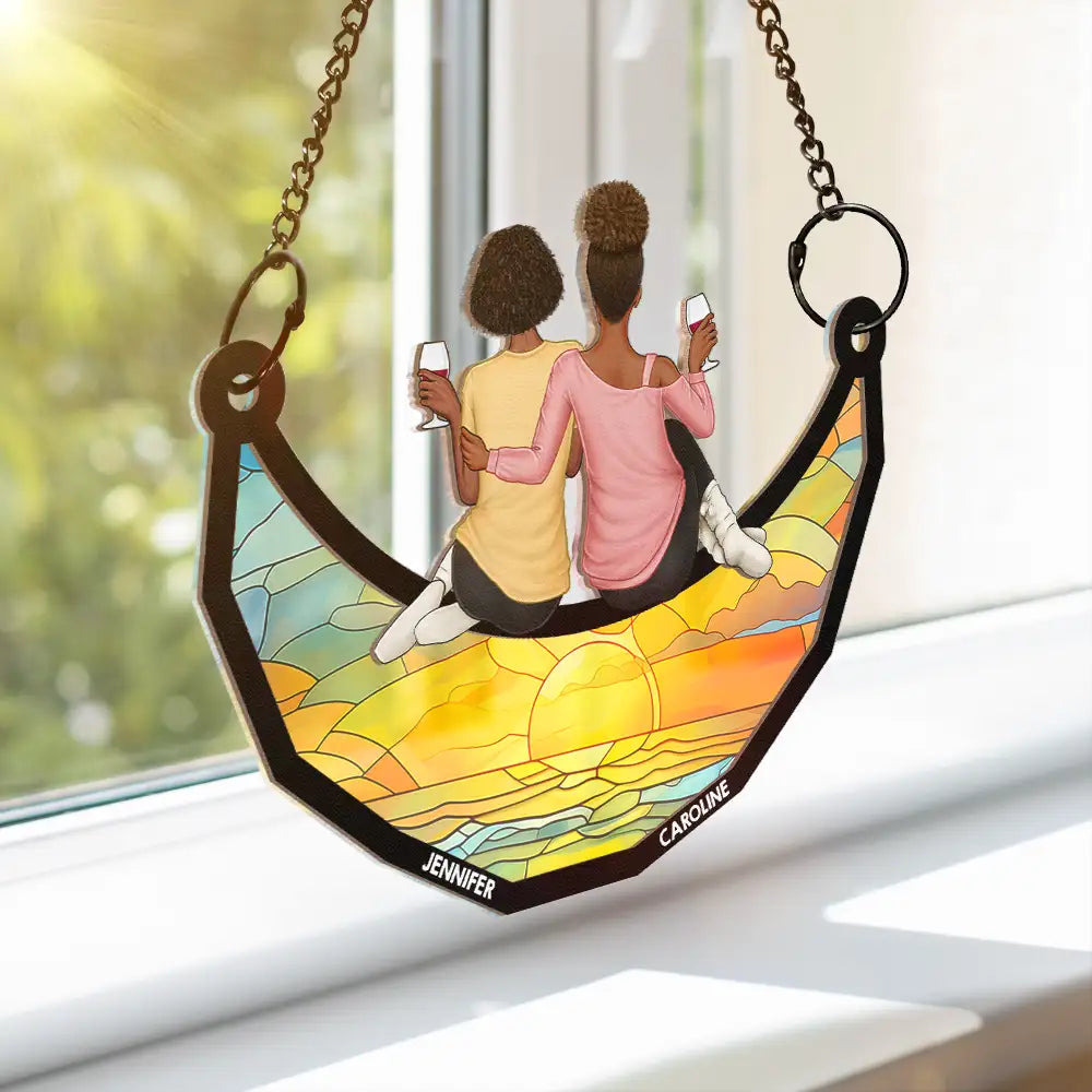 Besties Friends Sitting On The Moon - Personalized Window Hanging Suncatcher Ornament