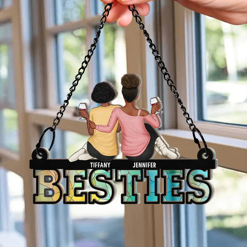 Besties Friends Sitting Together - Personalized Window Hanging Suncatcher Ornament