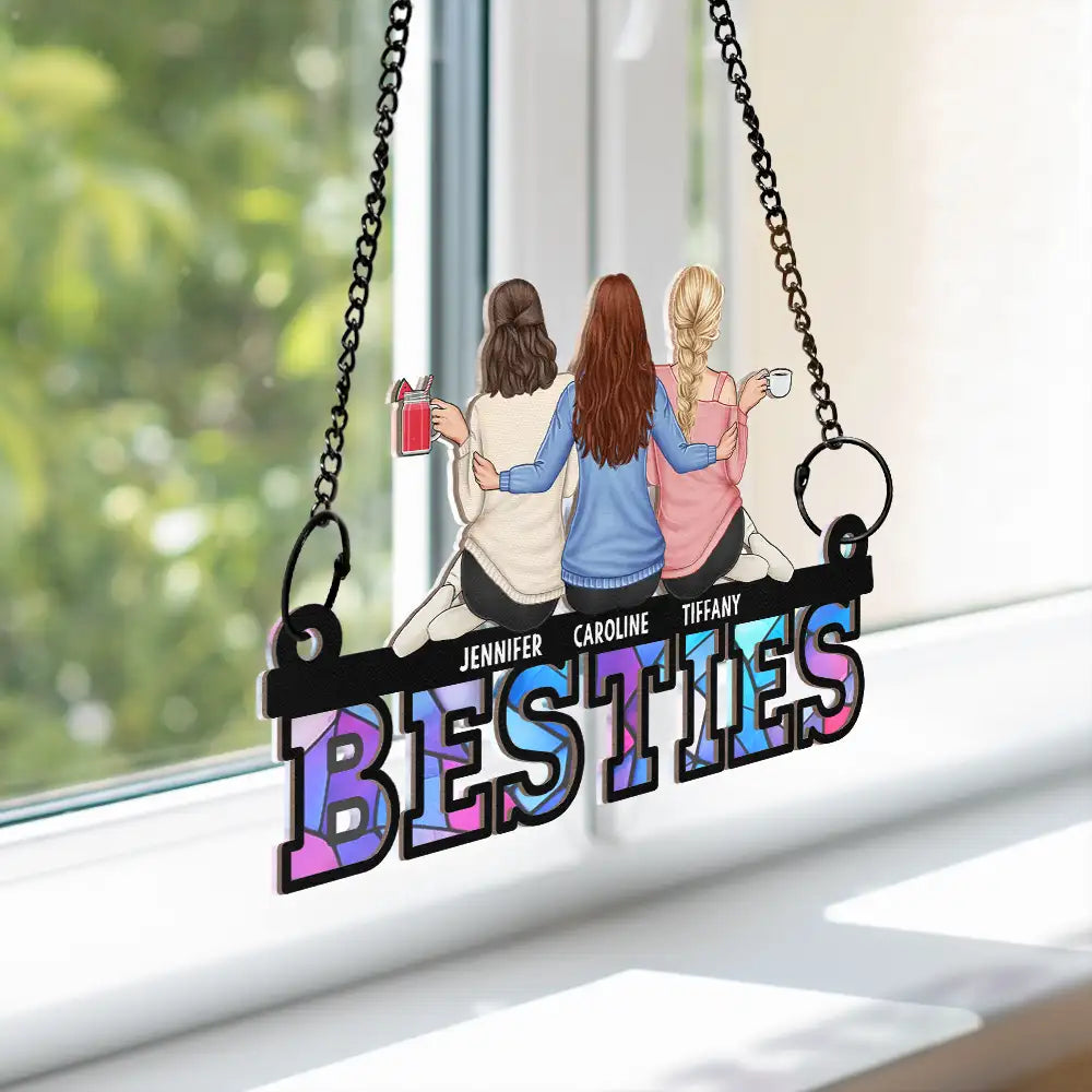 Besties Friends Sitting Together - Personalized Window Hanging Suncatcher Ornament