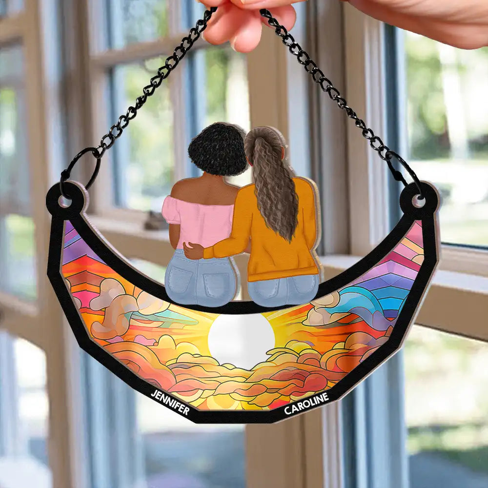 Besties Friends Sisters Hugging - Personalized Window Hanging Suncatcher Ornament