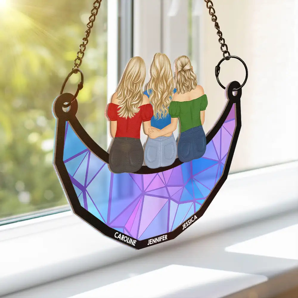 Besties Friends Sisters Hugging - Personalized Window Hanging Suncatcher Ornament