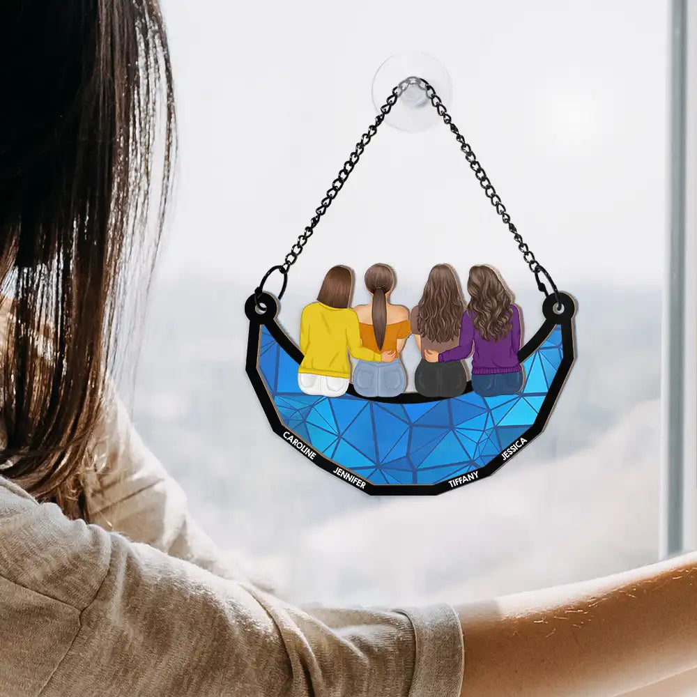 Besties Friends Sisters Hugging - Personalized Window Hanging Suncatcher Ornament