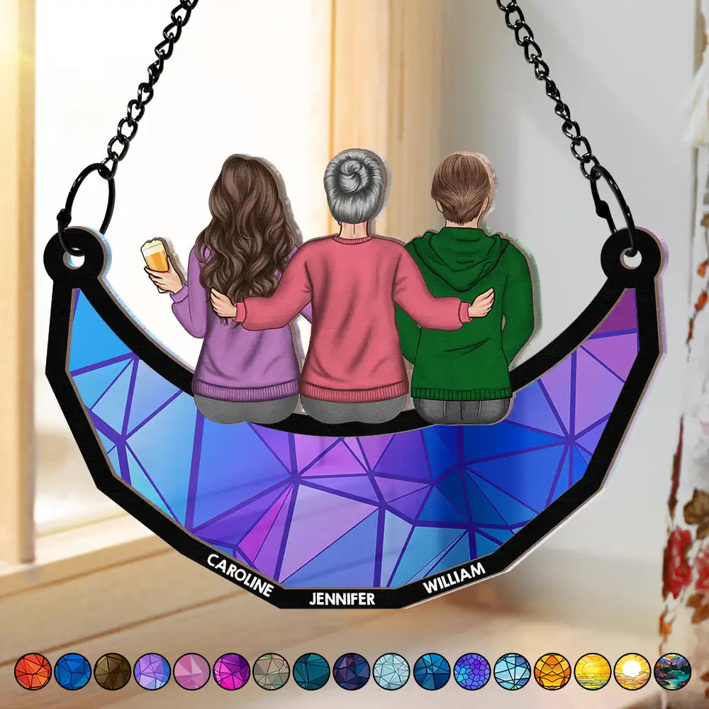 Mom & Children Sitting On The Moon - Personalized Window Hanging Suncatcher Ornament