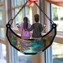 Mom & Children Sitting On The Moon - Personalized Window Hanging Suncatcher Ornament