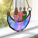 Mom & Children Sitting On The Moon - Personalized Window Hanging Suncatcher Ornament