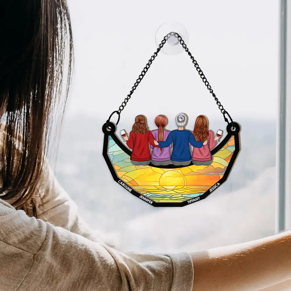 Mom & Children Sitting On The Moon - Personalized Window Hanging Suncatcher Ornament