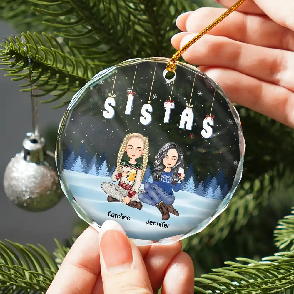 Friends Besties Sisters Sitting Together Cartoon - Personalized Circle Glass Ornament