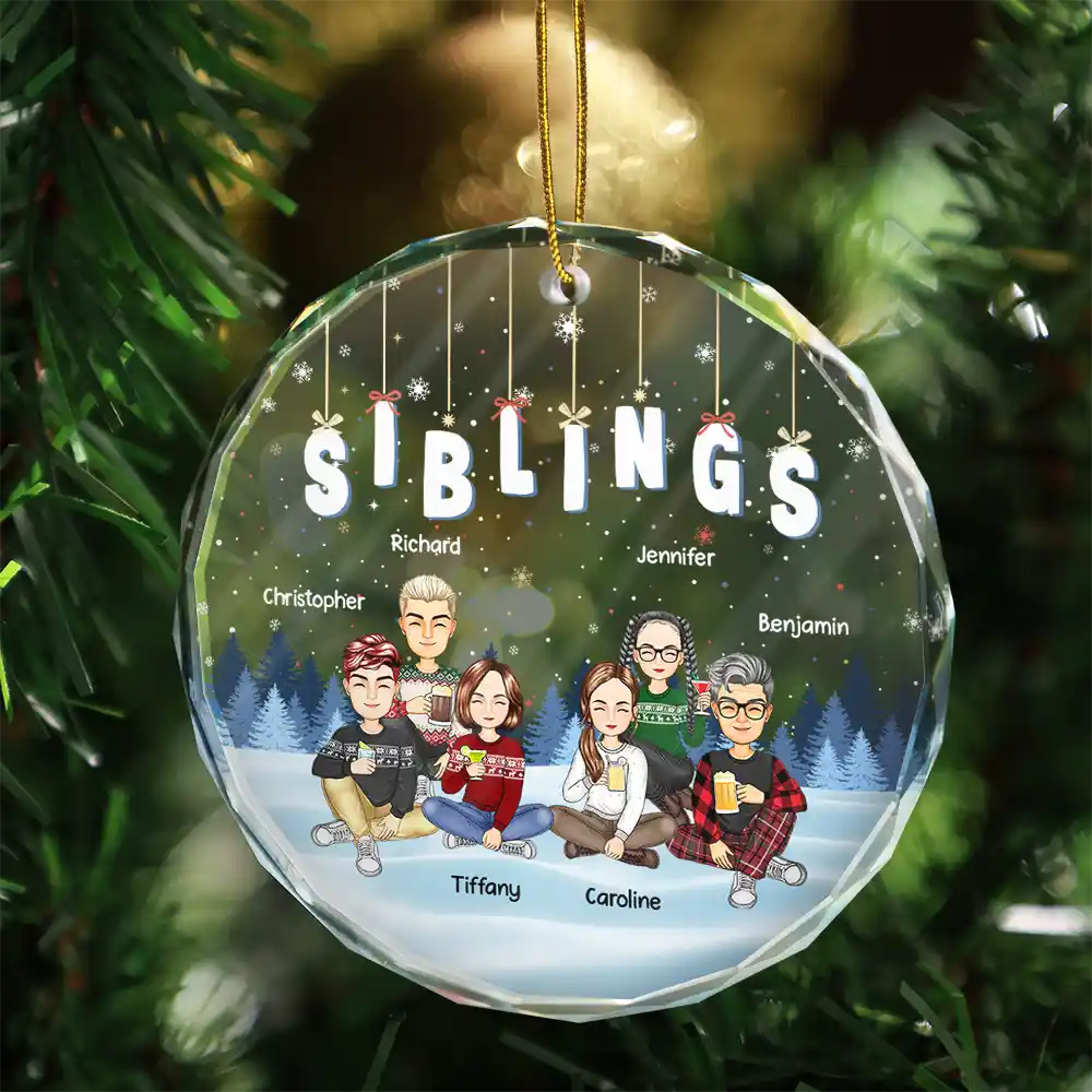 Friends Besties Sisters Sitting Together Cartoon - Personalized Circle Glass Ornament