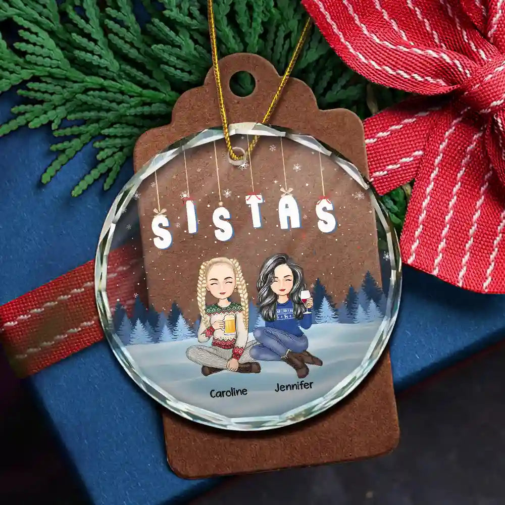 Friends Besties Sisters Sitting Together Cartoon - Personalized Circle Glass Ornament