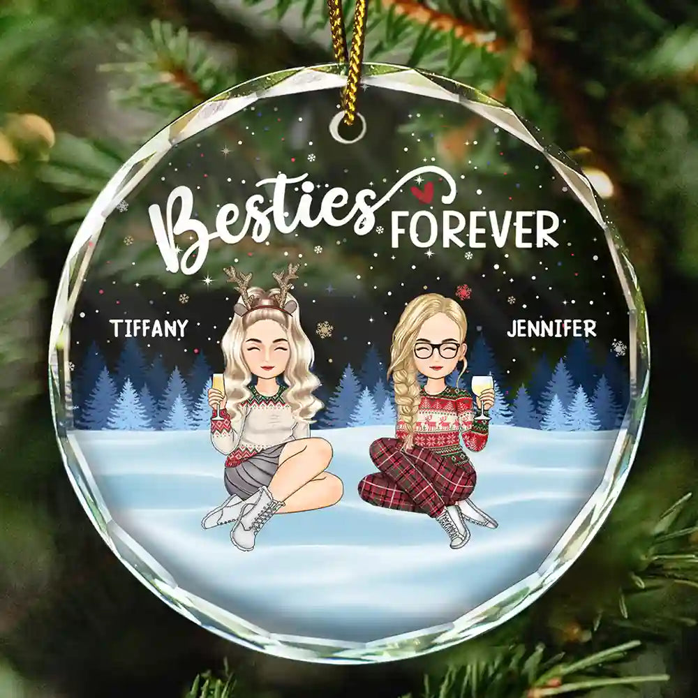 Besties Sisters Forever Sitting Together - Personalized Circle Glass Ornament