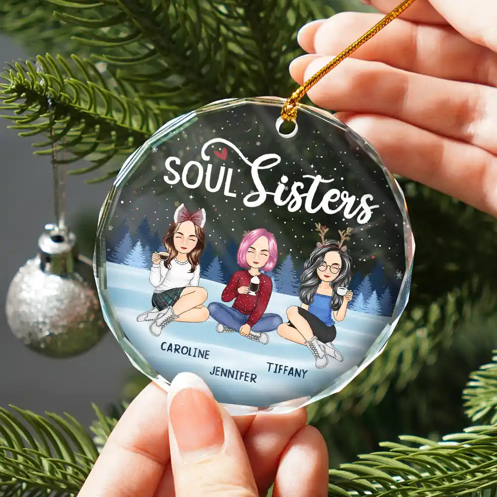 Besties Sisters Forever Sitting Together - Personalized Circle Glass Ornament