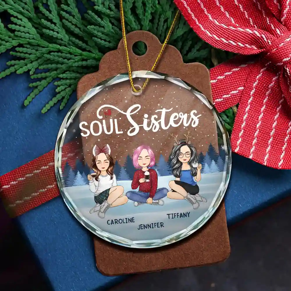 Besties Sisters Forever Sitting Together - Personalized Circle Glass Ornament