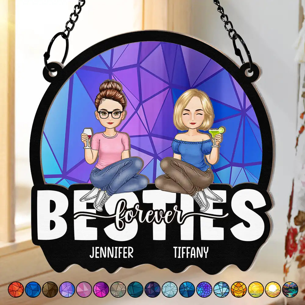 Cartoon Besties Friends Sitting Together - Personalized Window Hanging Suncatcher Ornament