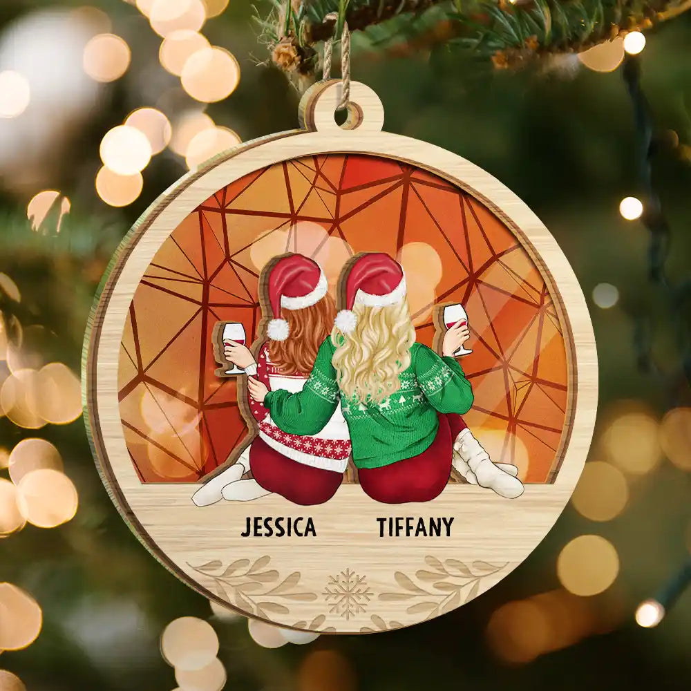 Christmas Besties Sister Sitting Together - Personalized Suncatcher Ornament