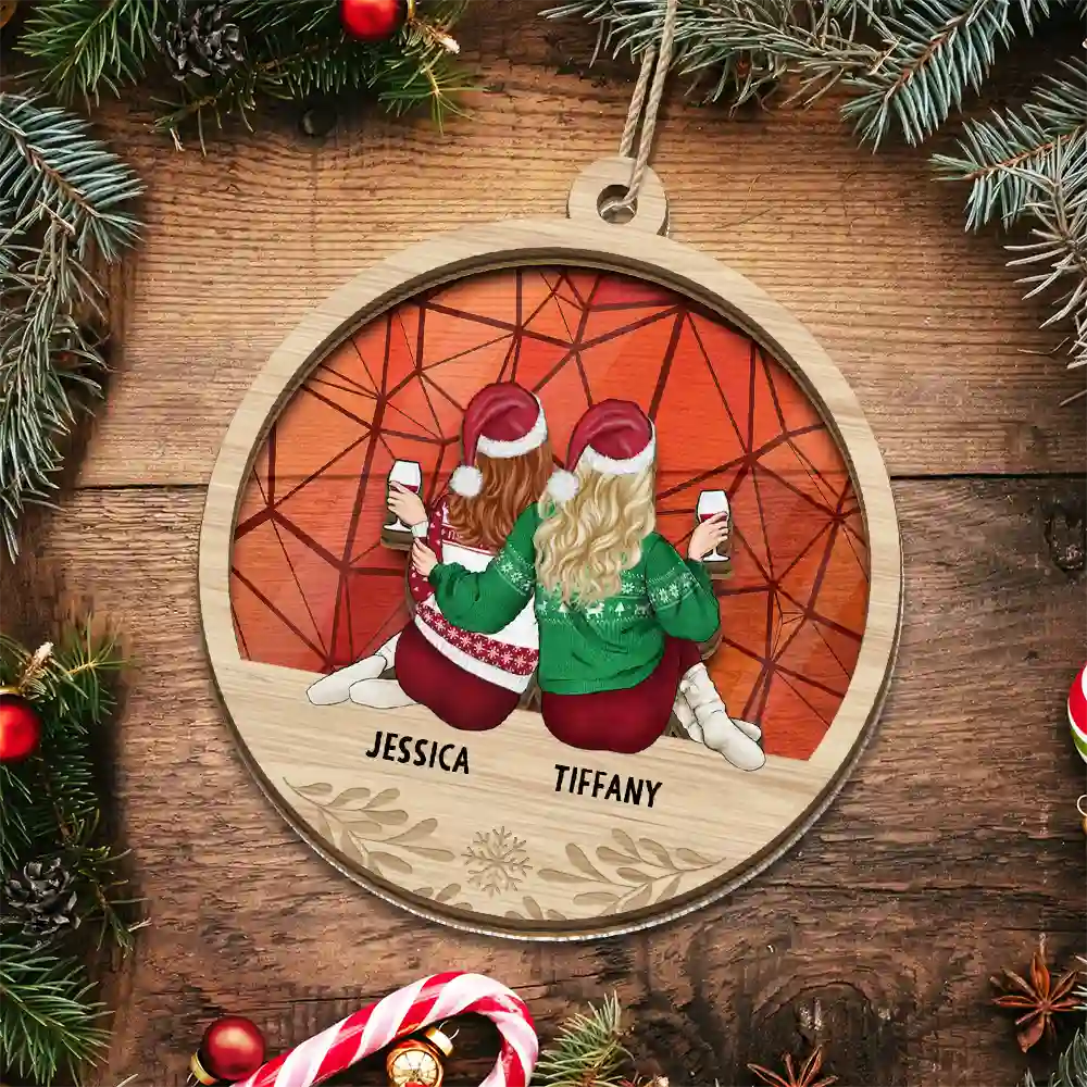 Christmas Besties Sister Sitting Together - Personalized Suncatcher Ornament