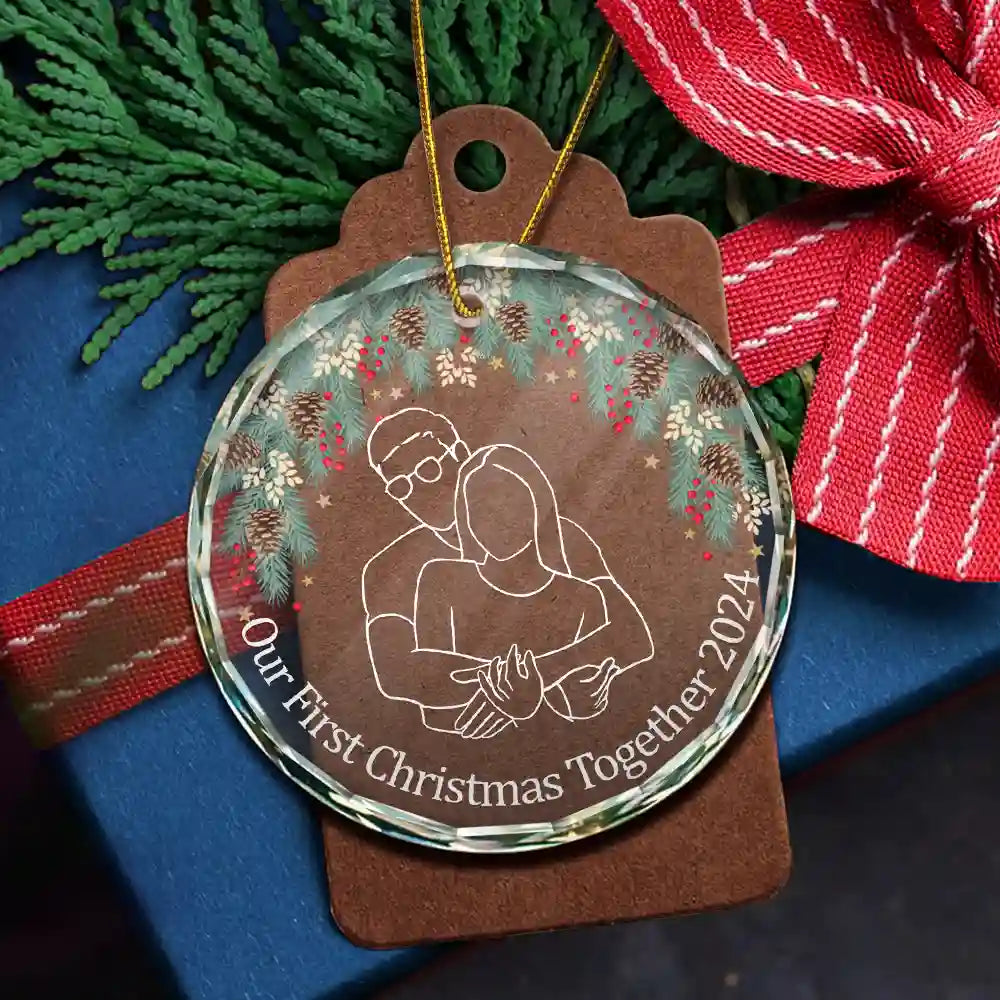 Gift For Couples, Gift For Yourself, Family, Bestie, Pet Lovers - Custom Photo Christmas Portrait One Line - Personalized Circle Glass Ornament