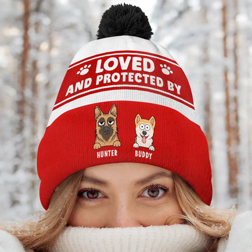 Gift For Kids, Dog Lovers - Loved & Protected By Dog - Personalized Bobble Beanie Hat