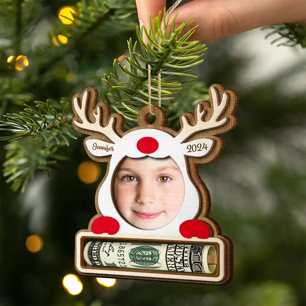 Gift For Kids - Custom Photo Christmas Reindeer - Personalized 2-Layered Wooden Ornament, Money Holder Ornament