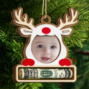 Gift For Kids - Custom Photo Christmas Reindeer - Personalized 2-Layered Wooden Ornament, Money Holder Ornament