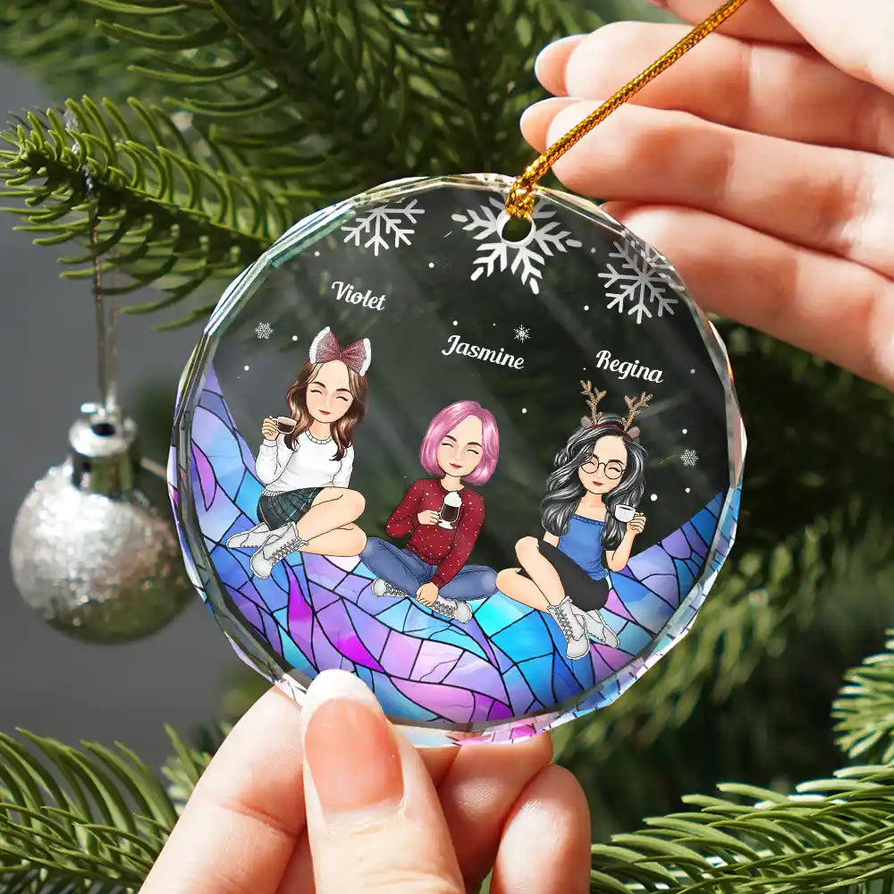 Gift For Bestie - Cartoon Besties Friends Sitting On The Moon - Personalized Circle Glass Ornament