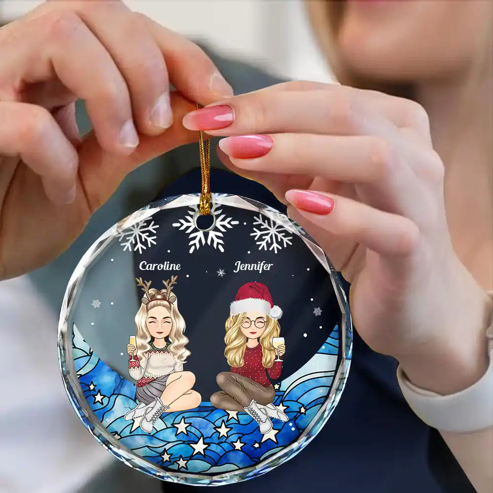 Gift For Bestie - Cartoon Besties Friends Sitting On The Moon - Personalized Circle Glass Ornament