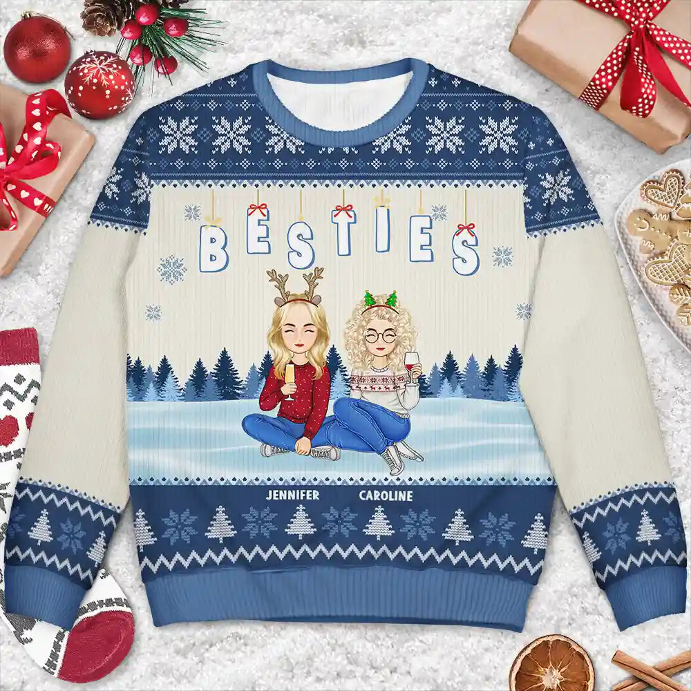 Gift For Bestie, Sibling - Friends Besties Sisters Sitting Together Cartoon - Personalized Unisex Ugly Sweater