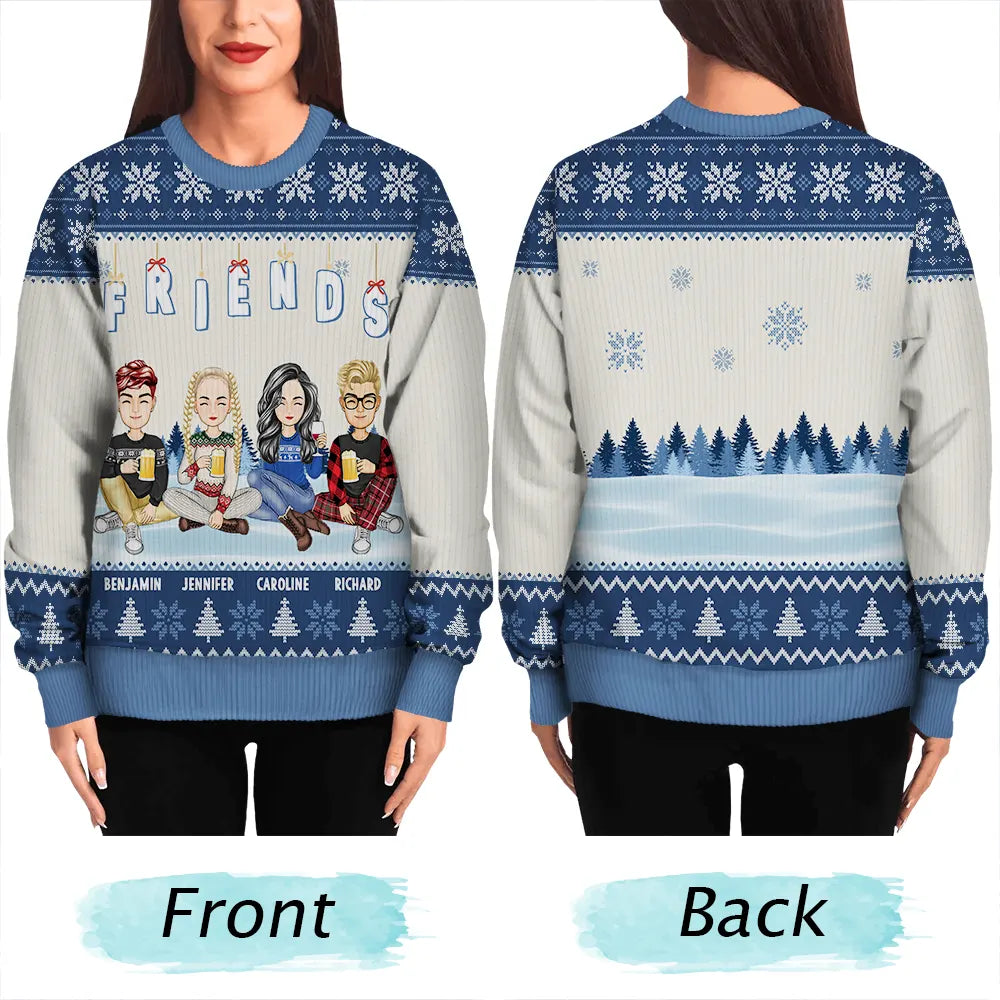 Friends Besties Sisters Sitting Together Cartoon - Personalized Unisex Ugly Sweater