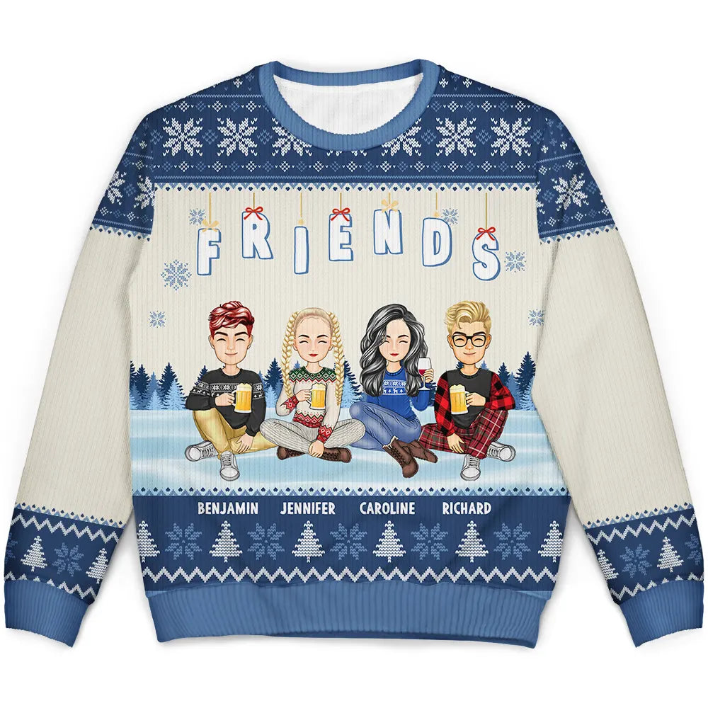 Friends Besties Sisters Sitting Together Cartoon - Personalized Unisex Ugly Sweater