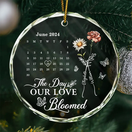 Gift For Couples, Gift For Husband, Gift For Wife, Gift For Boyfriend, Gift For Girlfriend - Birth Flowers With Calendar Our Love Bloomed - Personalized Circle Glass Ornament