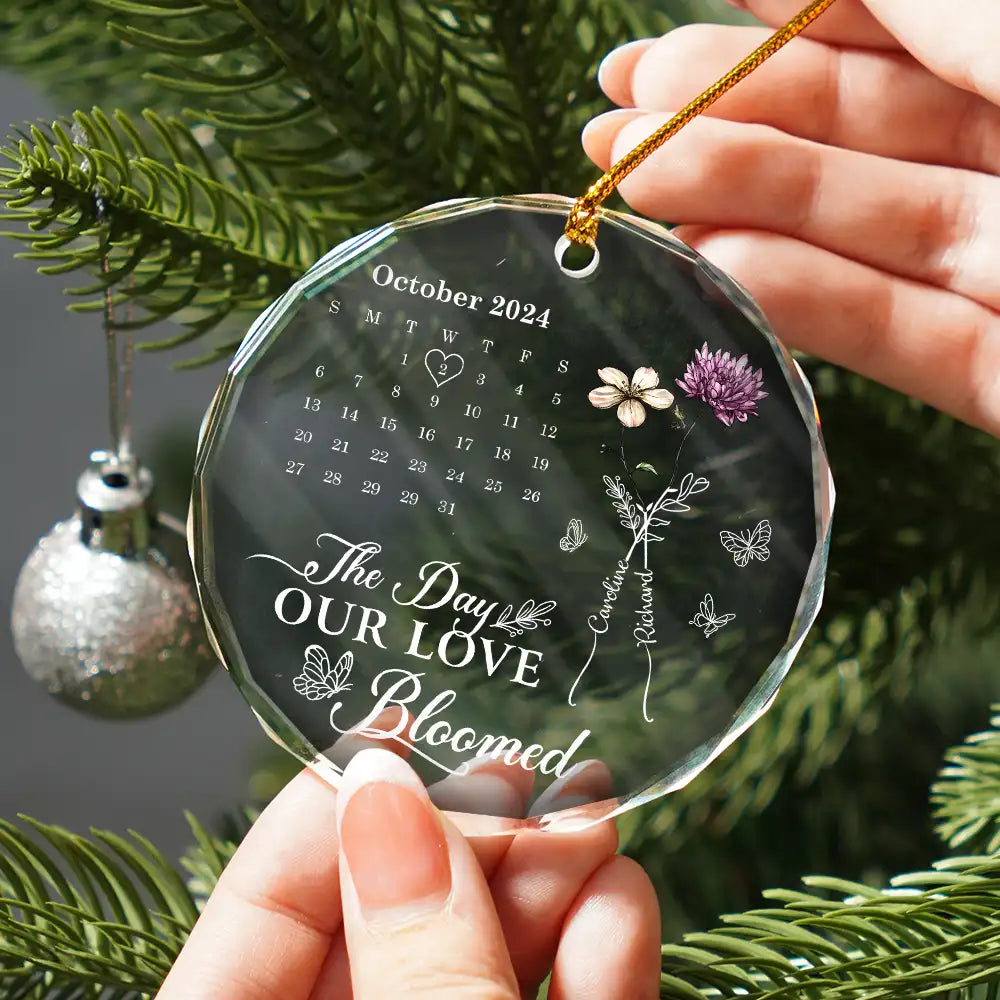 Gift For Couples, Gift For Husband, Gift For Wife, Gift For Boyfriend, Gift For Girlfriend - Birth Flowers With Calendar Our Love Bloomed - Personalized Circle Glass Ornament