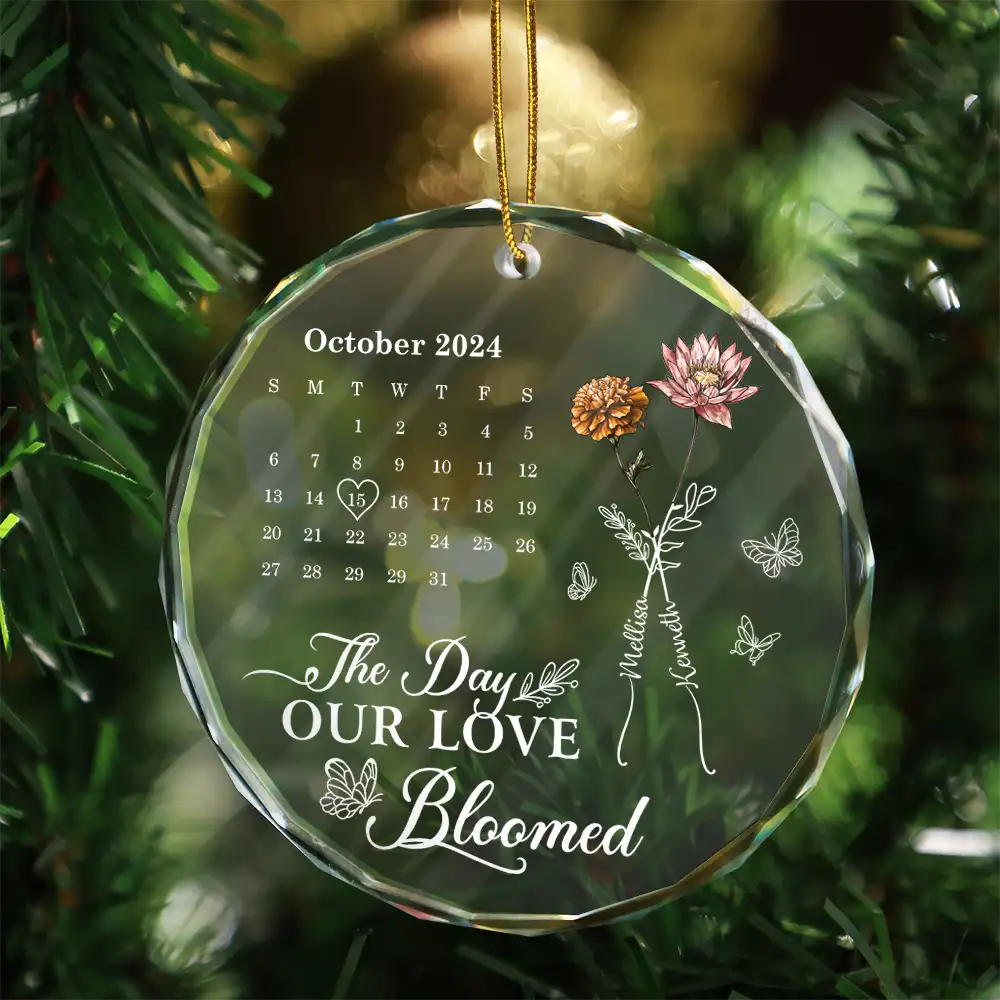 Gift For Couples, Gift For Husband, Gift For Wife, Gift For Boyfriend, Gift For Girlfriend - Birth Flowers With Calendar Our Love Bloomed - Personalized Circle Glass Ornament