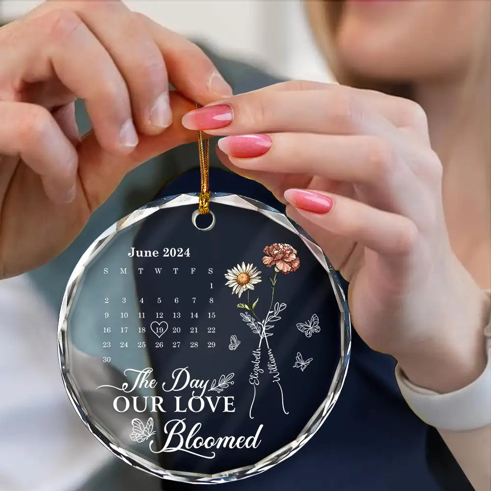 Gift For Couples, Gift For Husband, Gift For Wife, Gift For Boyfriend, Gift For Girlfriend - Birth Flowers With Calendar Our Love Bloomed - Personalized Circle Glass Ornament