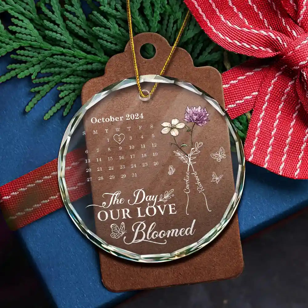 Gift For Couples, Gift For Husband, Gift For Wife, Gift For Boyfriend, Gift For Girlfriend - Birth Flowers With Calendar Our Love Bloomed - Personalized Circle Glass Ornament