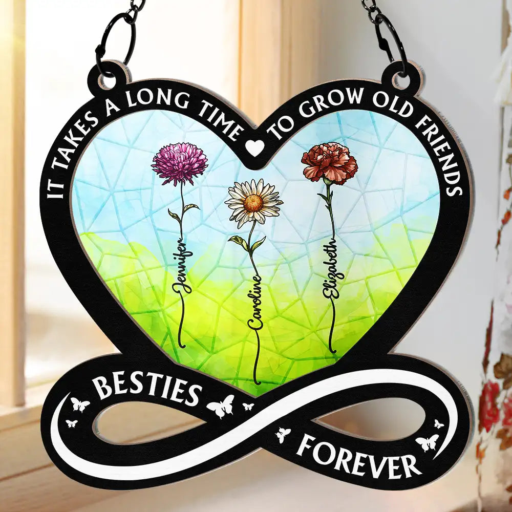 Gift For Bestie - Birth Flower Besties Forever - Personalized Window Hanging Suncatcher Ornament