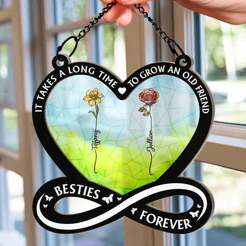 Gift For Bestie - Birth Flower Besties Forever - Personalized Window Hanging Suncatcher Ornament