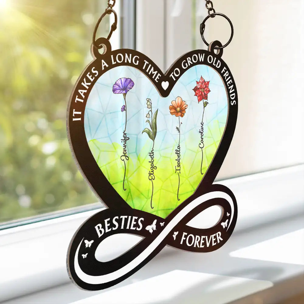 Gift For Bestie - Birth Flower Besties Forever - Personalized Window Hanging Suncatcher Ornament