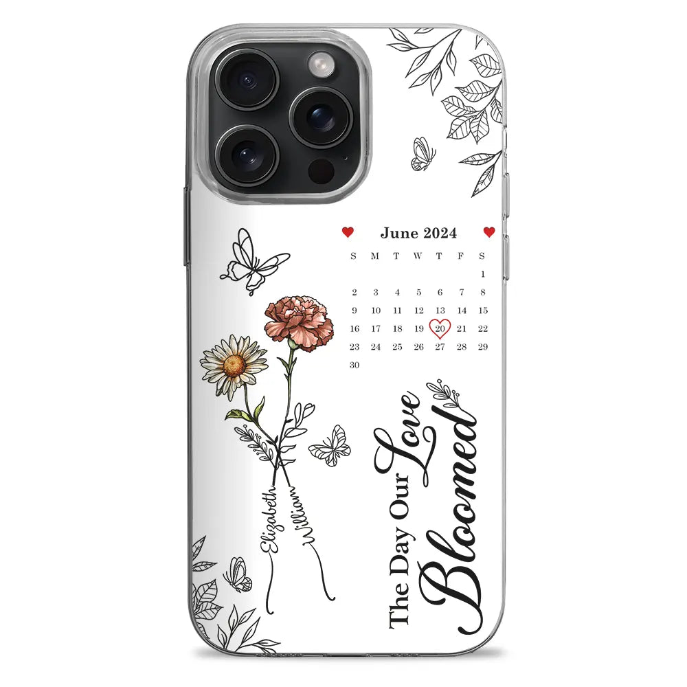 Gift For Couples,Gift For Husband,Gift For Wife,Gift For Boyfriend,Gift For Girlfriend - Birth Flowers With Calendar Our Love Bloomed - Personalized Clear Phone Case