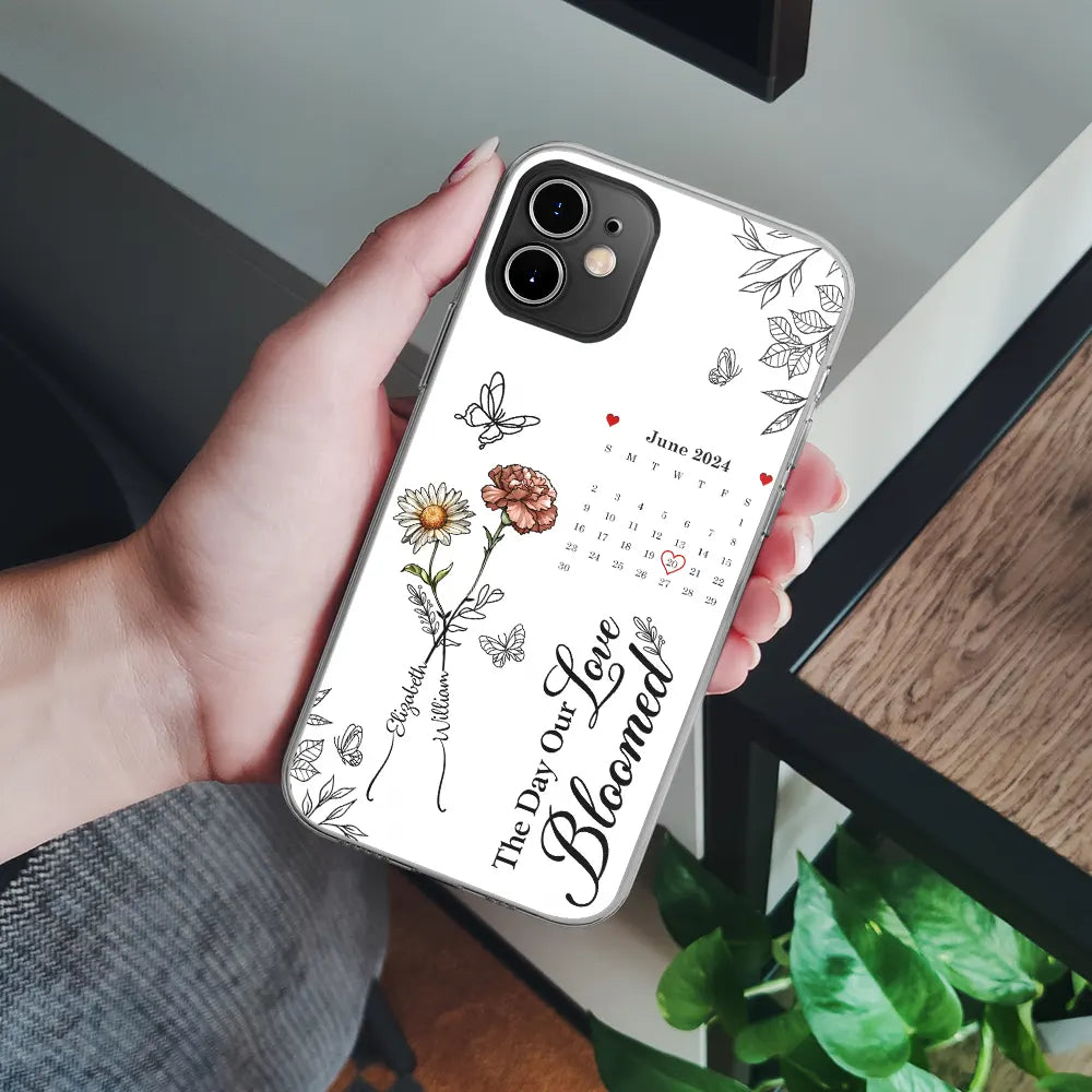 Gift For Couples,Gift For Husband,Gift For Wife,Gift For Boyfriend,Gift For Girlfriend - Birth Flowers With Calendar Our Love Bloomed - Personalized Clear Phone Case