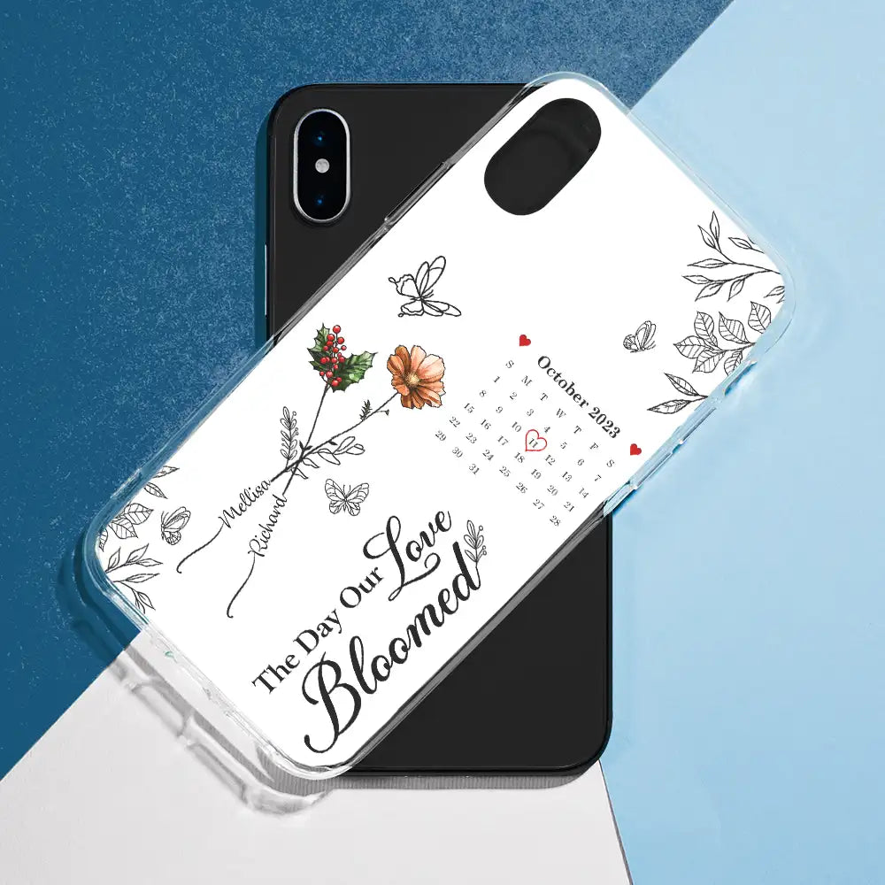 Gift For Couples,Gift For Husband,Gift For Wife,Gift For Boyfriend,Gift For Girlfriend - Birth Flowers With Calendar Our Love Bloomed - Personalized Clear Phone Case