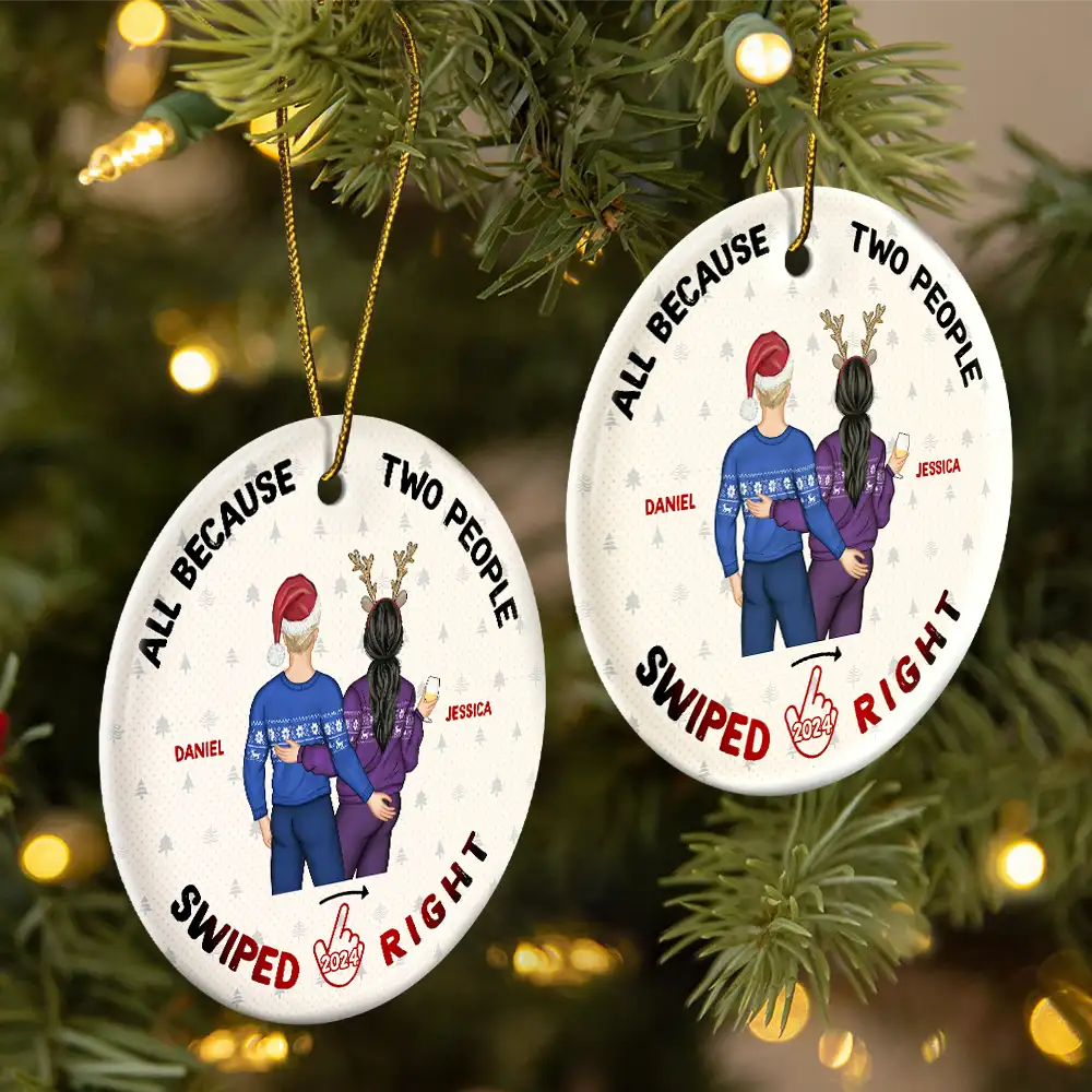 Christmas Swiped Right - Gift For Couples - Personalized Custom Circle Ceramic Ornament