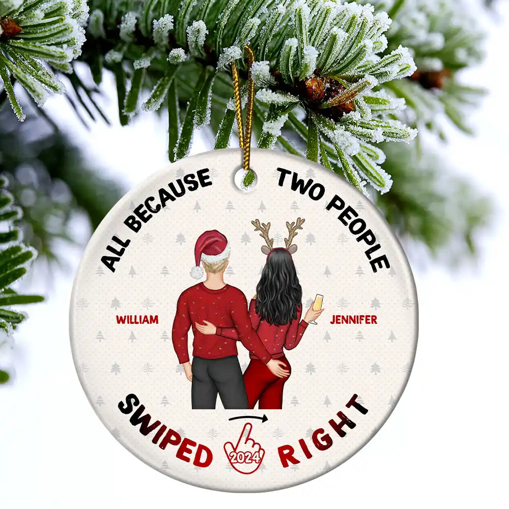 Christmas Swiped Right - Gift For Couples - Personalized Custom Circle Ceramic Ornament