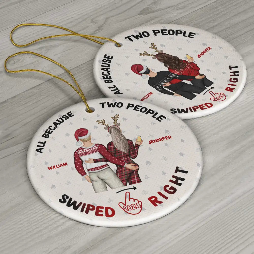 Christmas Swiped Right - Gift For Couples - Personalized Custom Circle Ceramic Ornament