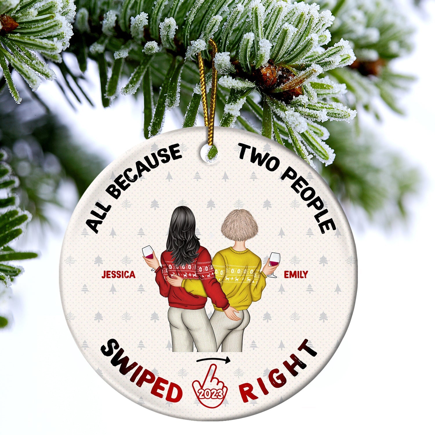 Christmas Swiped Right - Gift For Couples - Personalized Custom Circle Ceramic Ornament