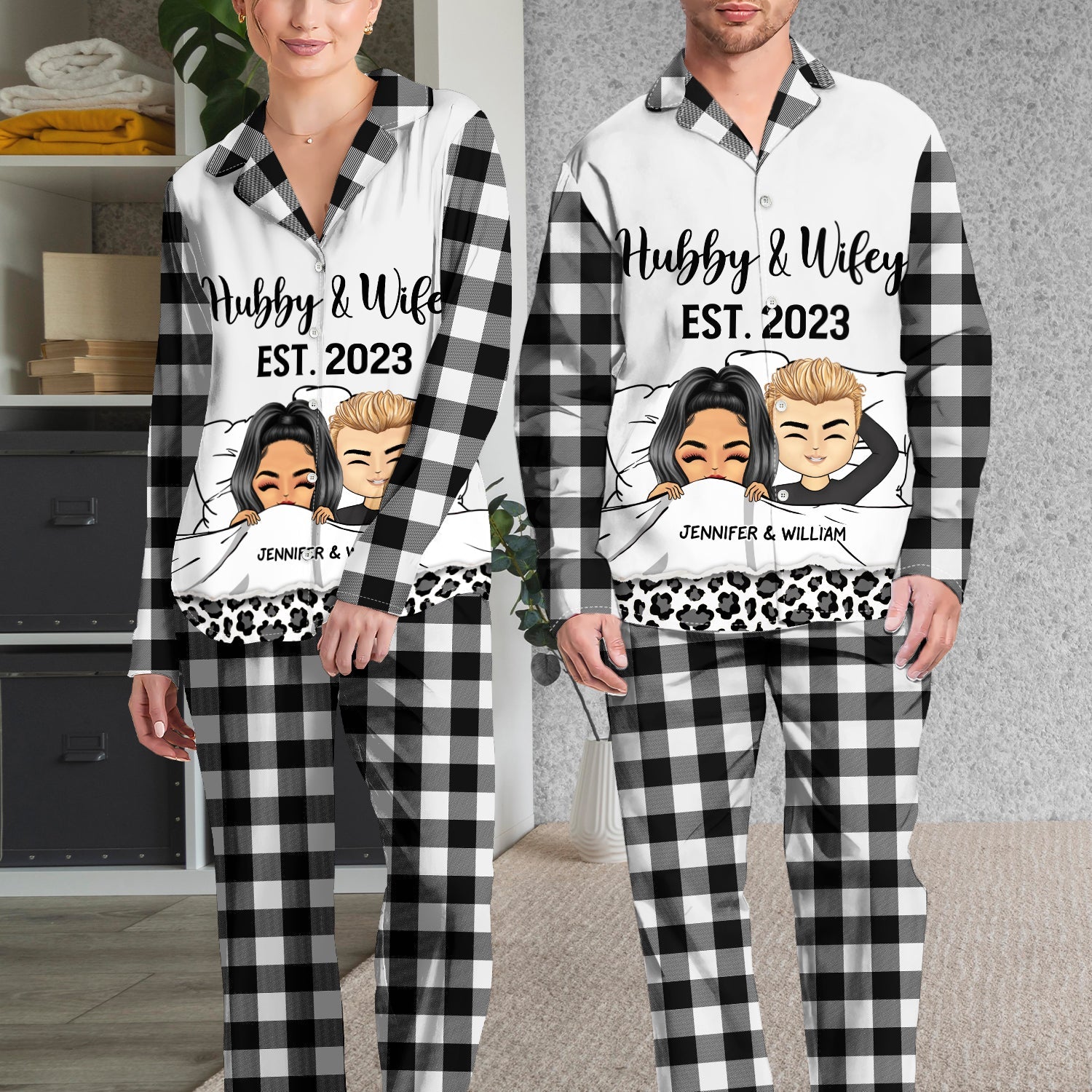 Couple Hubby & Wifey Est - Gift For Couples - Personalized Long Pajamas Set